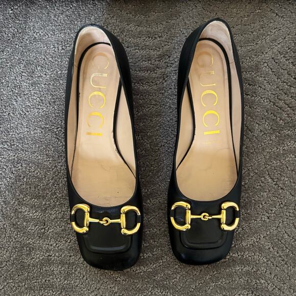 Gucci Baby Horsebit Square Toe Black Leather Block Heel Loafer Flat Pump Size 39 - Picture 2 of 12